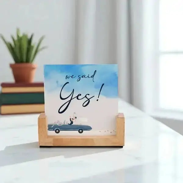Personalized We Said Yes Acrylic Photo Frame with wooden stand, great for gifting on anniversaries or weddings, fits modern home decor.
