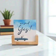 Personalized We Said Yes Acrylic Photo Frame with wooden stand, great for gifting on anniversaries or weddings, fits modern home decor.
