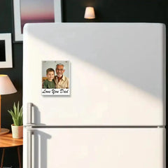 Personalized Fathers Day photo magnet with 'Love You Dad' message displayed on a white refrigerator, part of the Jade Plant gift set.
