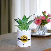 Personalized Birthday Snake Plant in white ceramic pot with 'Happy Birthday' message, ideal air-purifying gift for home or office decor.
