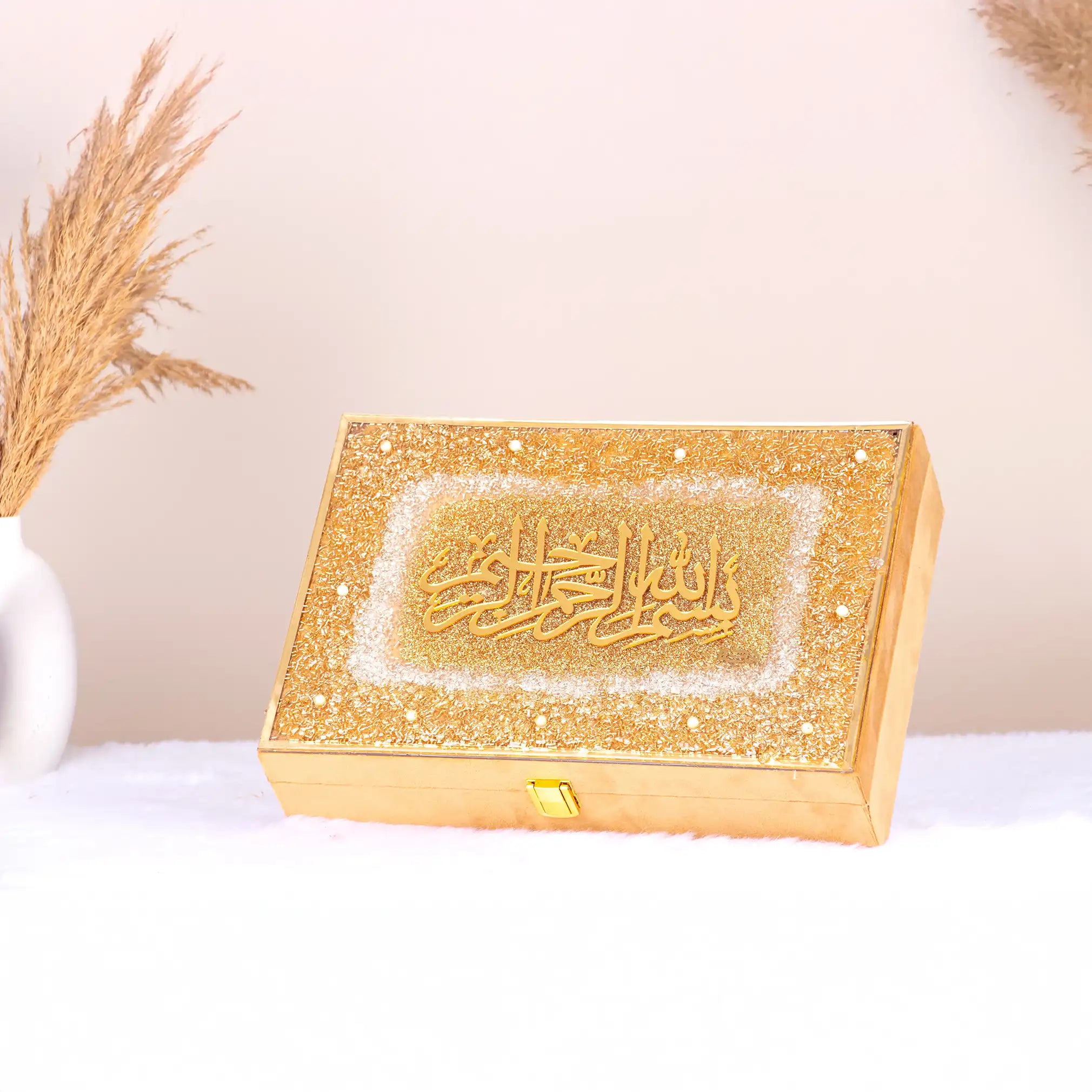 Golden Sawab-e-Jariya gift box with glitter finish and Arabic calligraphy, part of the Bling Quran Gift Set for weddings and Eid gifting.
