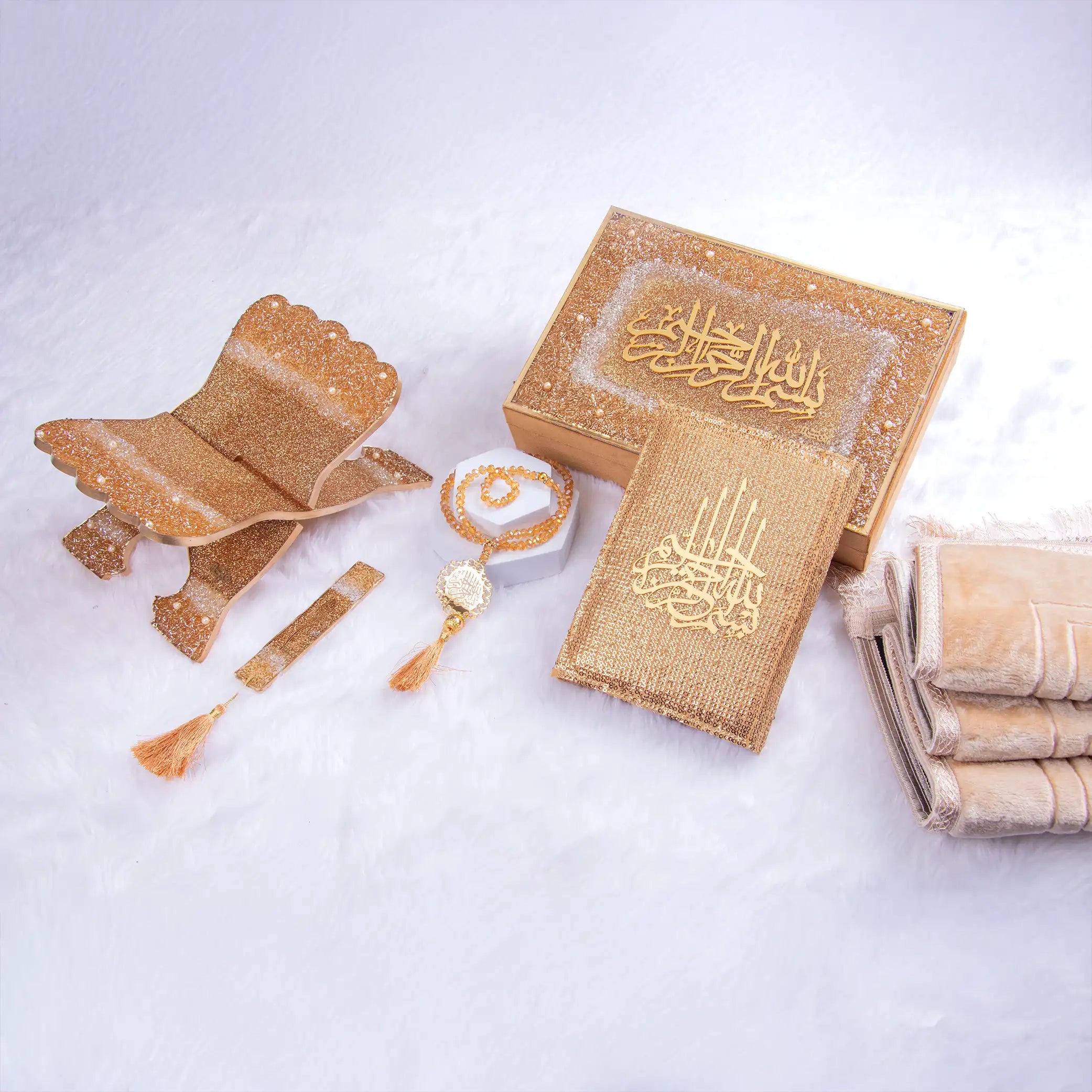 Golden Sawab-e-Jariya - Bling Quran Gift Set featuring glittery Quran cover, tasbeeh, prayer rug, and resin book stand in luxury box.