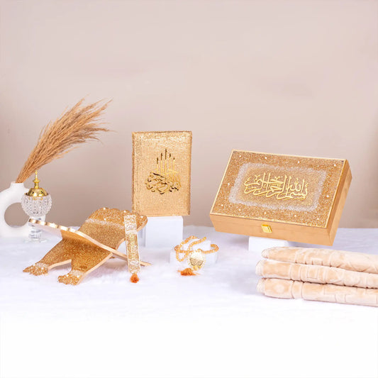Premium Golden Sawab-e-Jariya Quran Gift Set with sparkling Quran holder, tasbeeh, and decorative box, ideal for Eid and wedding gifting.