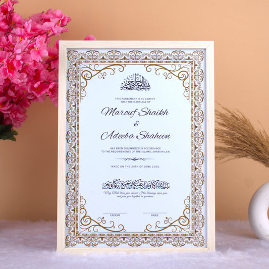 Golden Classic Nikah Nama Frame featuring ornate Islamic motifs, personalized with couple's names, ideal for Islamic wedding ceremonies and gifts.