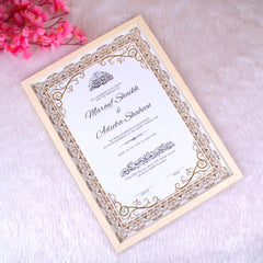 Handmade wooden Golden Classic Nikah Nama Certificate Frame laid flat, showcasing elegant gold detailing and customizable Islamic wedding keepsake.