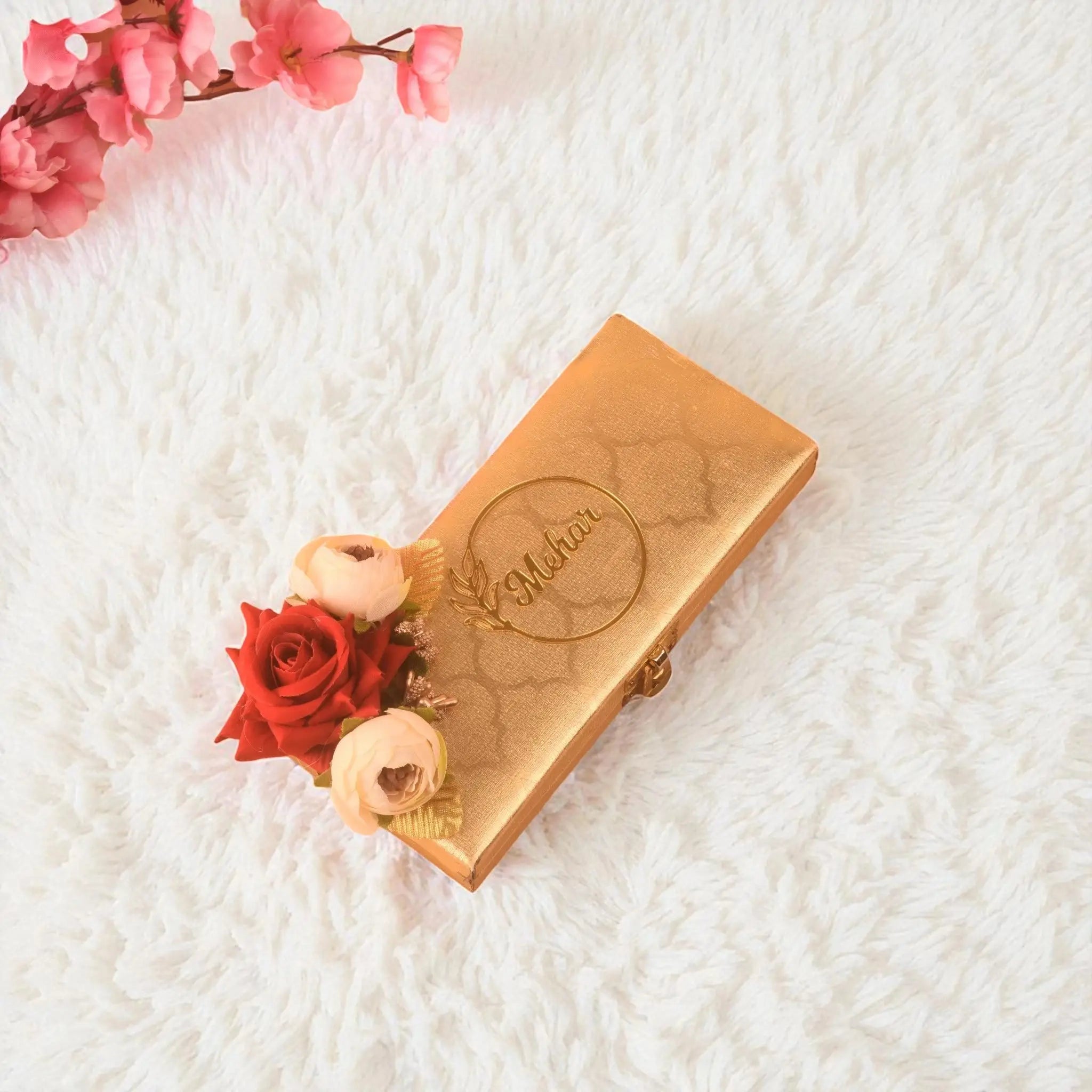 Personalised Floral Haqq Mahr Box in gold with red and blush roses, ideal for Meher ceremonies and custom Islamic wedding gifts.