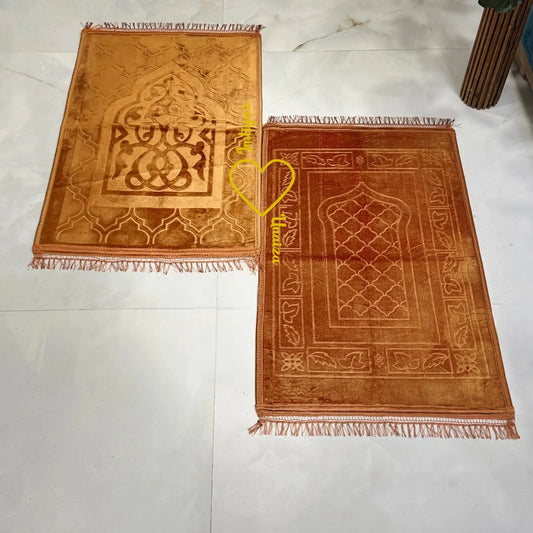 Velvet Islamic prayer mats in golden brown tones, included in the Bridal Sawab-e-Jariya Hamper for ceremonial and religious use.