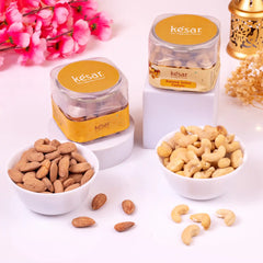 Roasted almonds and salted cashews in Kesar jars from the Golden Indulgence Hamper, ideal for Eid and Ramadan celebrations.