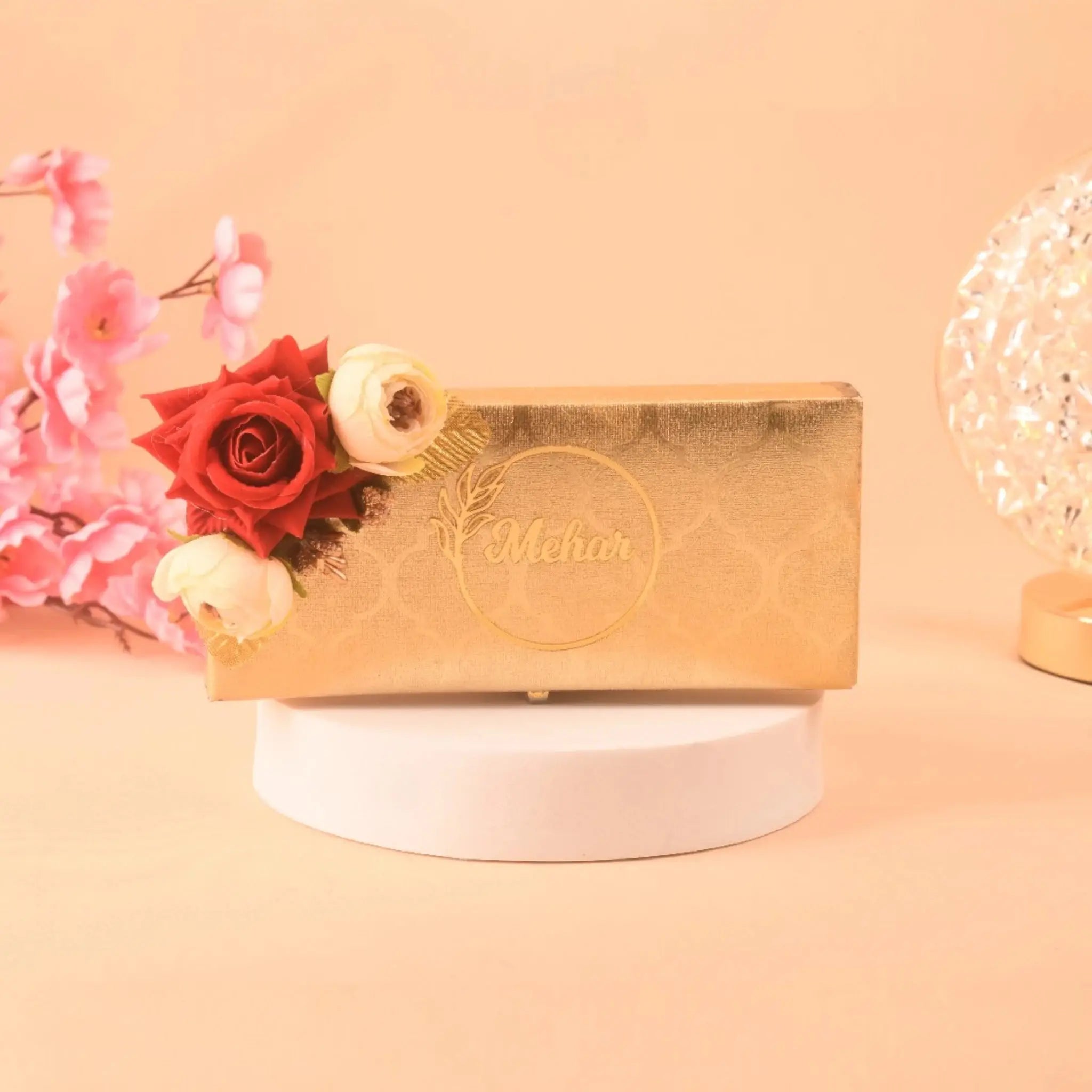 Custom Floral Haqq Mahr Box with 'Mehar' engraved, featuring elegant red and cream flowers, perfect for Nikah and bridal gifting.