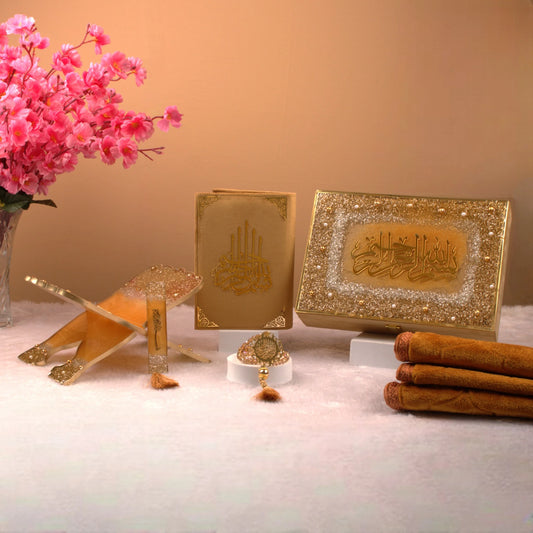 Golden Sequence Bridal Sawab-e-Jariya Hamper featuring velvet Quran, crystal Tasbeeh, Rehal, Janamaz, and gift box. Ideal for Nikkah gifts.