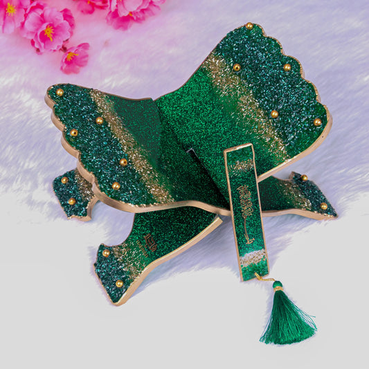 Green Rehal & Bookmark from The Bling Collection, a handmade Quran stand with glitter finish and gold accents, ideal for elegant Quran recitation.