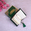 Velvet Quran Gift Set - Green Flakes Mini Tilawat-Quran with gold-accented box, feather bookmark, and green tassel. Ideal for religious gifting.