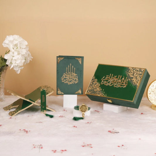 Rehal Bridal Hamper - Quran Tasbeeh | Premium Velvet Box featuring green velvet Quran, crystal tasbeeh, rehal, and designer box for weddings.