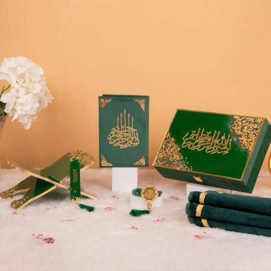 Green Flakes Sawab-E-Jariya Hamper featuring Quran, Rehal, Tasbeeh, and decorative box, ideal for Islamic gifting occasions.