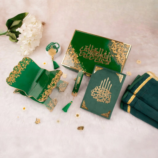 Green Flakes Sawab-E-Jariya Hamper - Premium Quran Gift Set with velvet Quran, Rehal, Tasbeeh, and gift box for Eid and weddings.