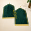 Personalized green velvet prayer mats with names 'Aasiy' and 'Yasmeen' from the Green Stones Sawab-e-Jariya bridal collection. Couple prayer set.