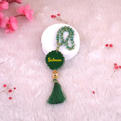 Green Tasbeeh Beads with Resin Agate featuring name 'Salman', 33 glitter beads perfect for Hajj gifts and religious ceremonies.
