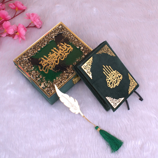 Green Mini Tilawat-e-Quran velvet box set with gold detailing and tassel bookmark. Premium handmade Islamic gift for special occasions.