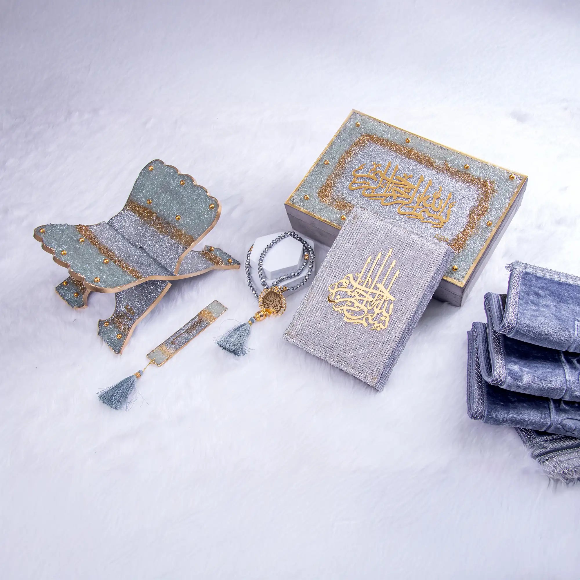 Premium Silver Sawab-e-Jariya Quran Gift Set with glitter Rehal, Tasbeeh, and velvet prayer mat. Elegant Islamic gift for special occasions.