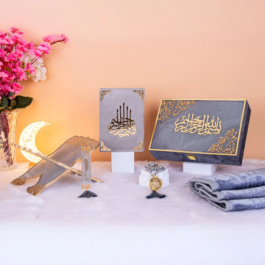 Sawab-E-Jariya Hamper gift set in grey with velvet Quran, Rehal, Tasbeeh, and prayer mat, ideal for Eid and wedding celebrations.