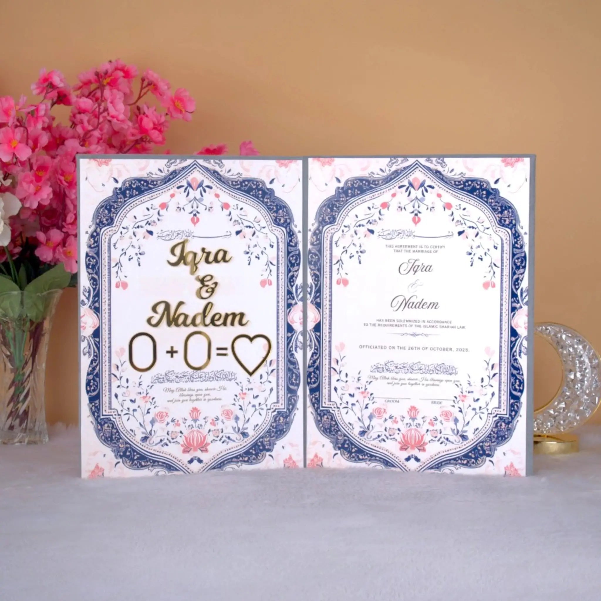 Decorative Nikah Nama with floral patterns and text on a neutral background.