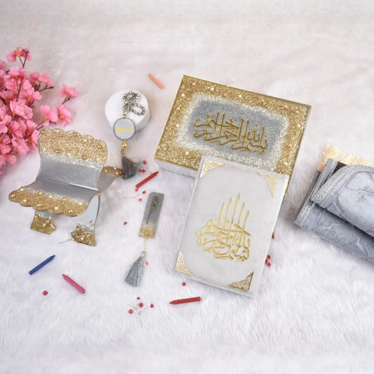 Kids Grey Sequence Gift Hamper featuring a premium Quran, prayer mat, resin bookmark, tasbeeh, and decorative box for Bismillah Ceremony or Eid.