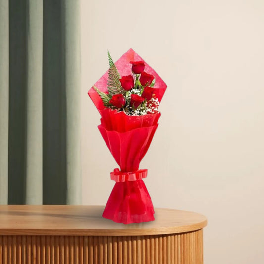 Crimson Love 6 Roses - Red Roses Bouquet Gift with lush greenery and red wrapping, ideal for anniversaries or romantic gestures.
