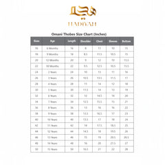 Hadiyah Omani Thobes size chart for kids, listing measurements by age and size. Helps choose the right fit for traditional kids wear.
