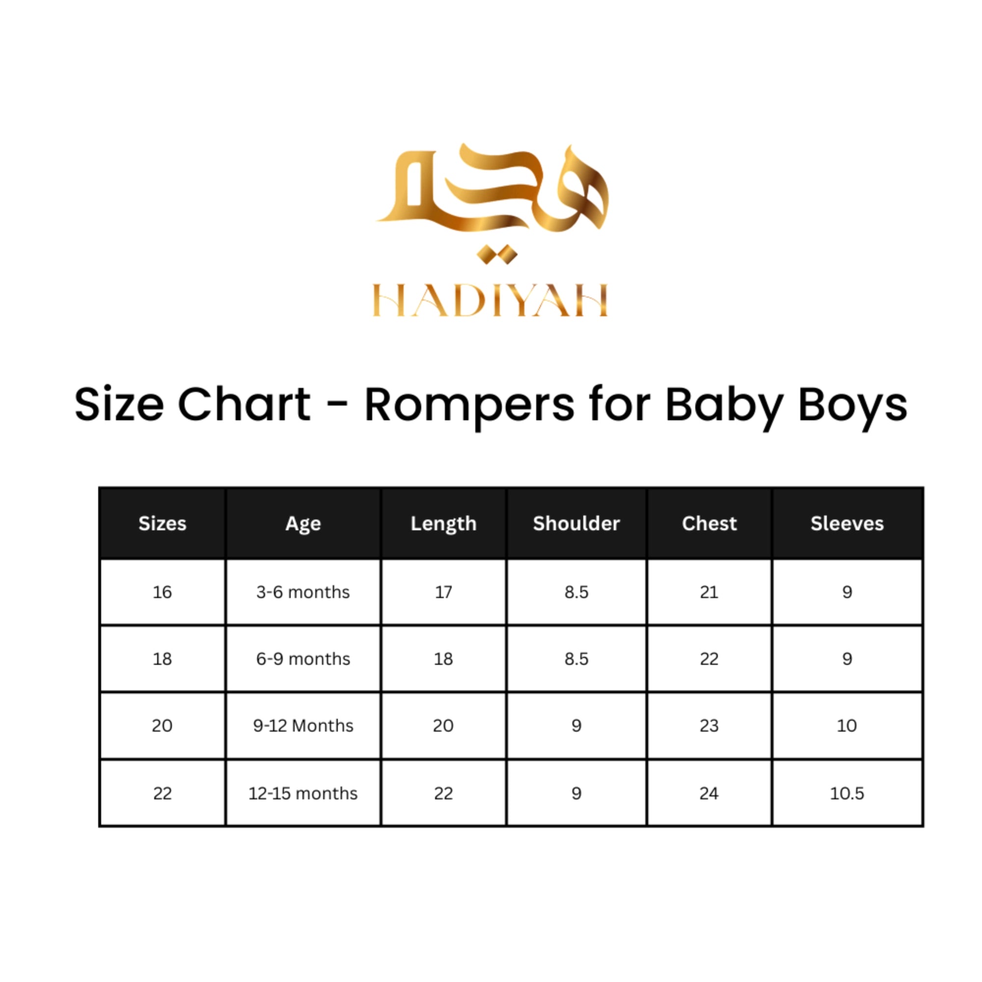 Size chart for Bisht Romper for Baby Boys showing measurements for ages 6 to 18 months, including length, chest, sleeves, and bottom.