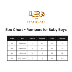 Size chart for Bisht Romper for Baby Boys showing measurements for ages 6 to 18 months, including length, chest, sleeves, and bottom.