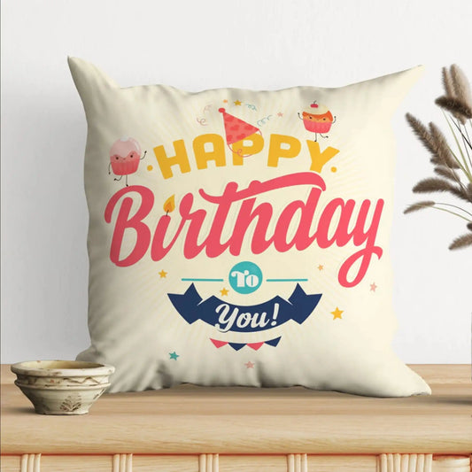 Happy Birthday printed cushion gift in square shape, ideal for birthday celebrations.