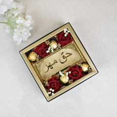 Bridal Gift Box - Velvet Meher Envelope with red roses and chocolates, ideal for Islamic wedding ceremonies and Nikah celebrations.