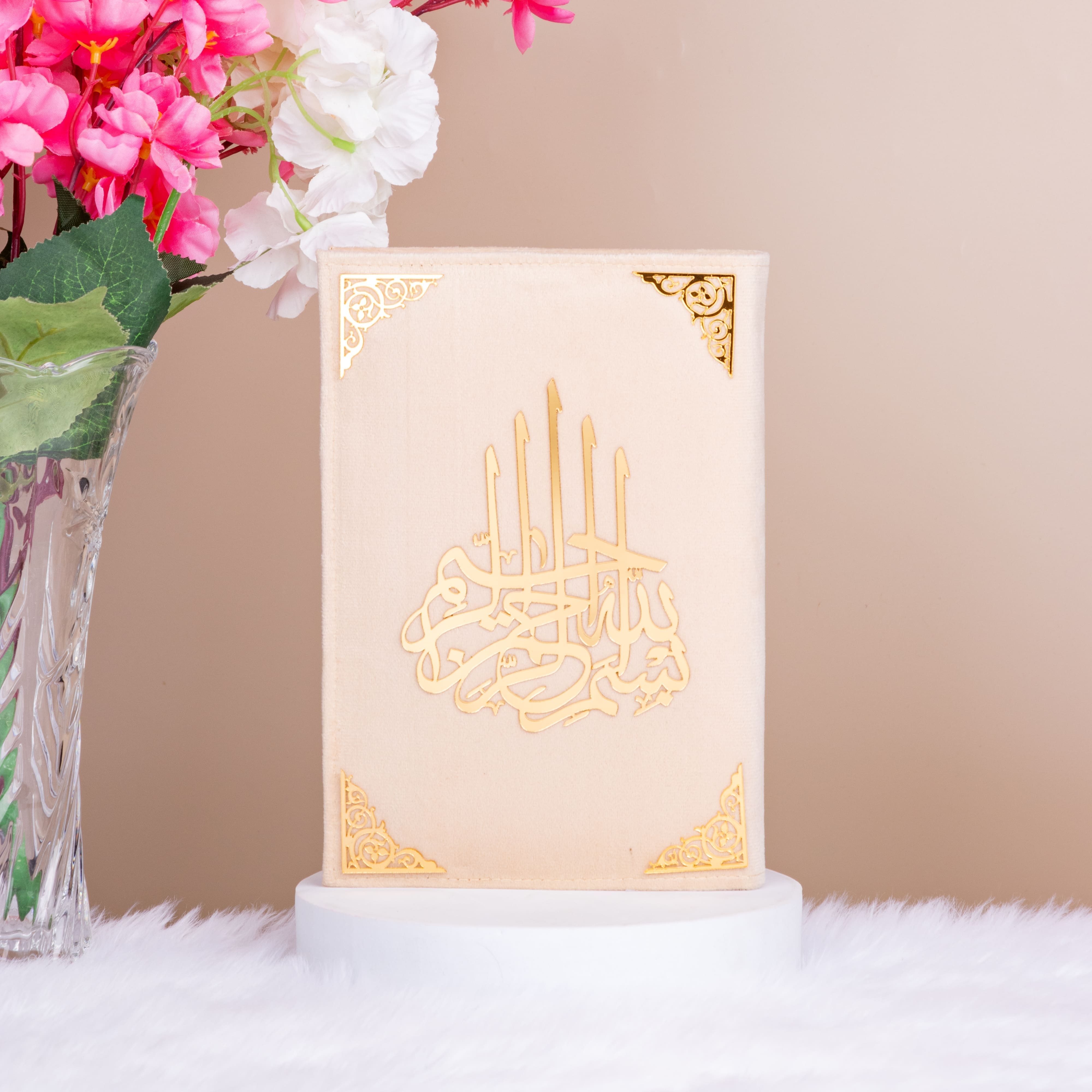 Ivory Velvet Translation Quran with gold Islamic design, elegant gift option for religious occasions.