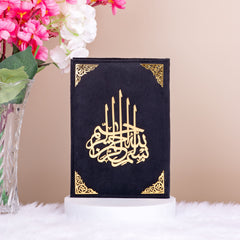 Black Velvet Translation Quran with ornate gold calligraphy, luxury religious gift for men or women.