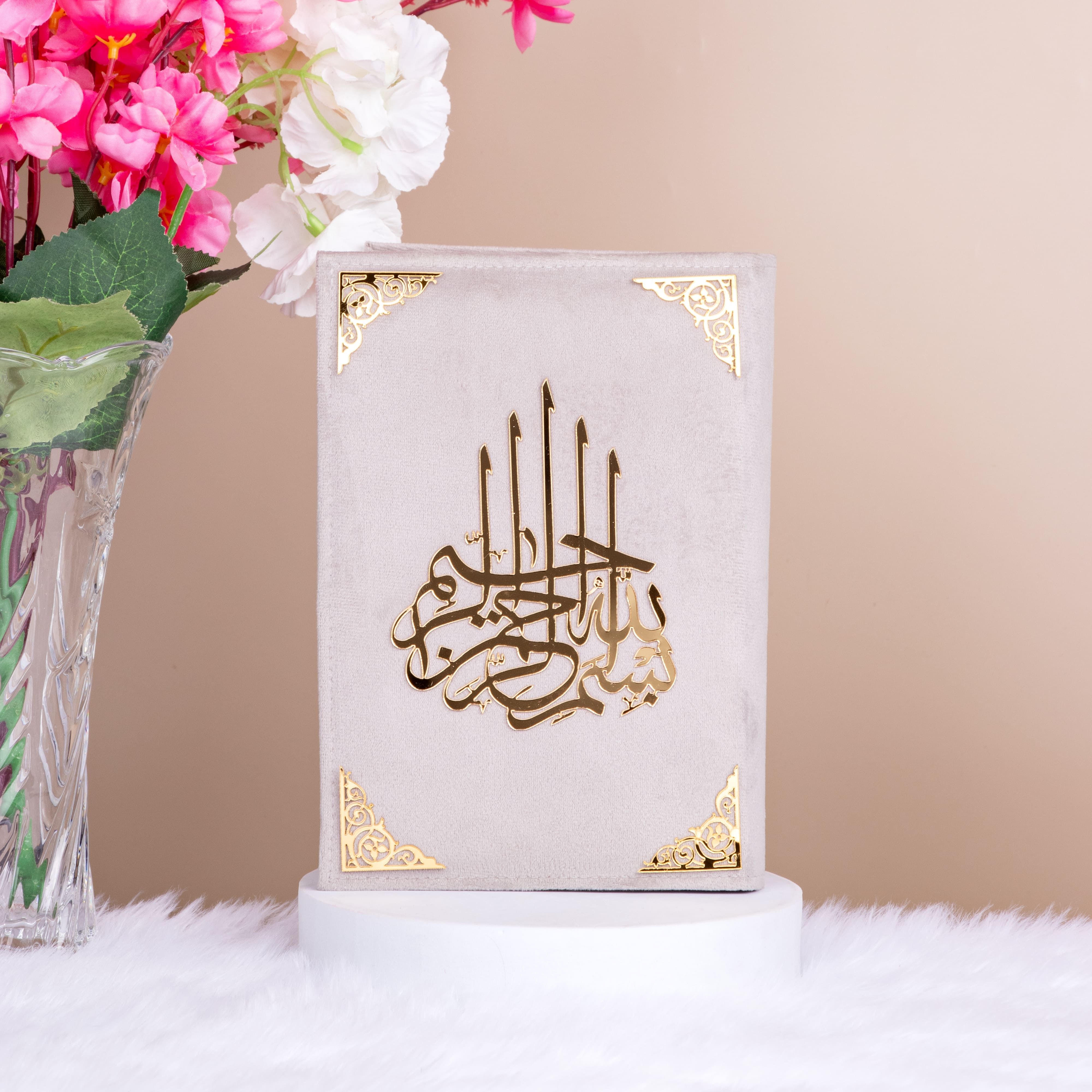 Gray Velvet Covered Translation Quran with gold calligraphy, luxurious prayer essential for personal devotion.