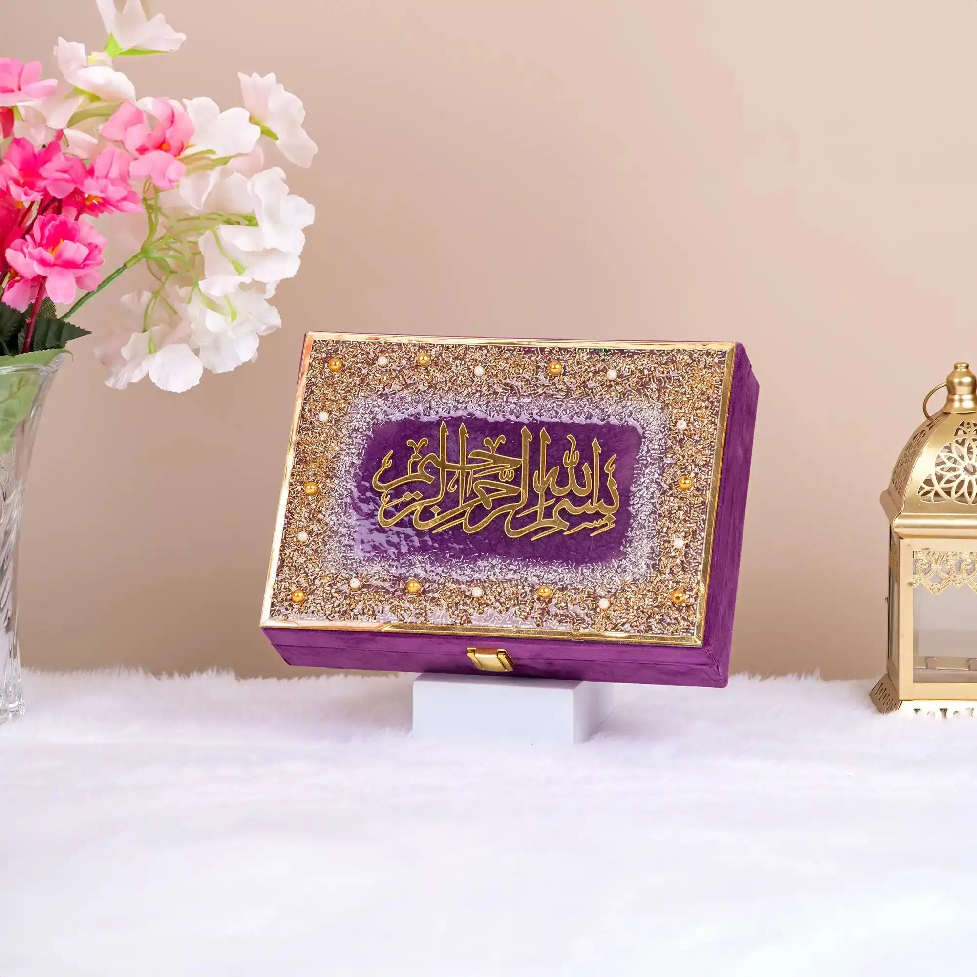 Purple Customised Sequence Designer Resin Box with golden Arabic calligraphy, handcrafted for Islamic gifts and personalizable storage.
