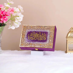 Purple Customised Sequence Designer Resin Box with golden Arabic calligraphy, handcrafted for Islamic gifts and personalizable storage.
