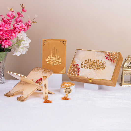 Golden Floral Pearl Rehal Hamper with velvet Quran, resin Rehal, crystal tasbeeh, and bookmark. Elegant Islamic gift set for special occasions.