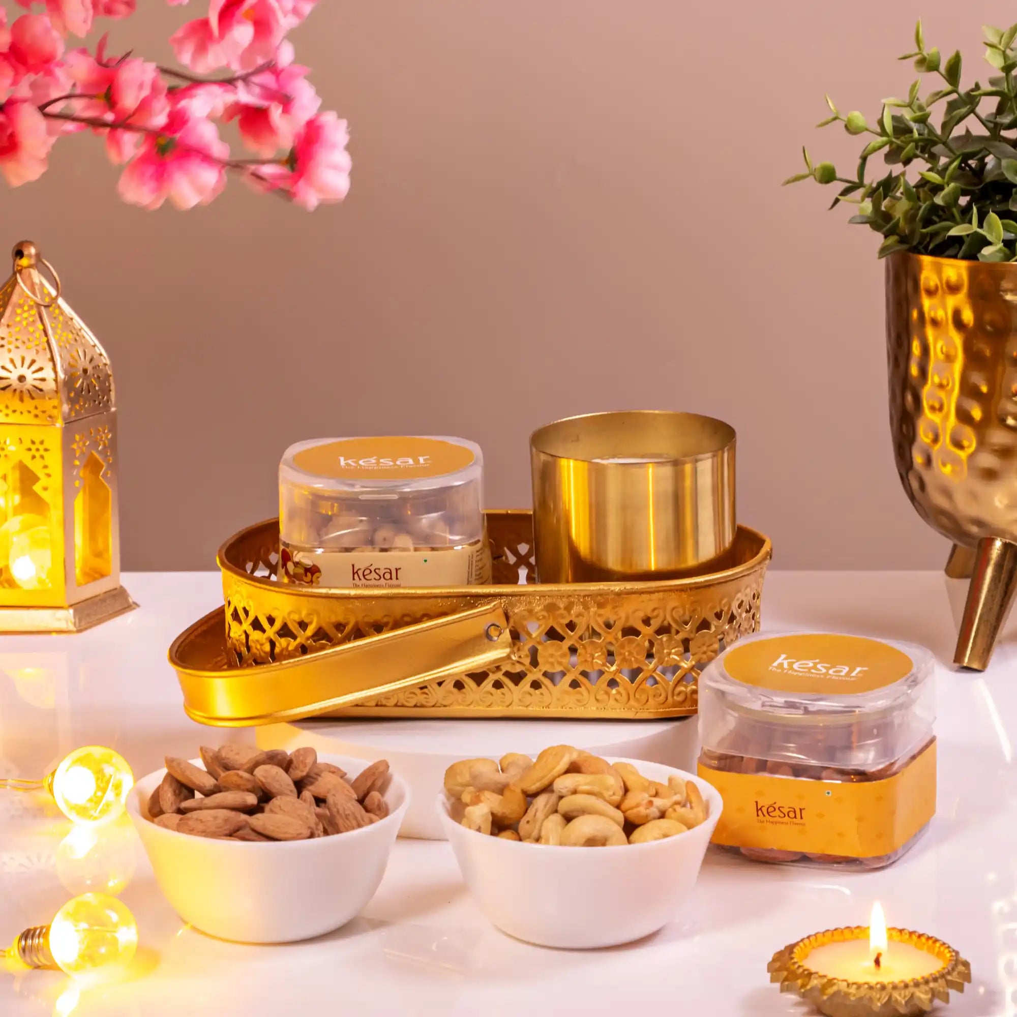 Premium Noor Al-Midnight Delight Hamper with almonds, cashews, golden candle, and ornate tray, perfect Ramadan gift hamper for festive occasions.