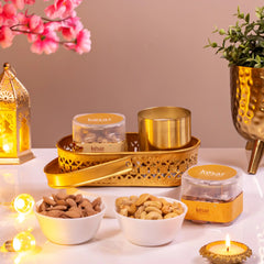 Premium Noor Al-Midnight Delight Hamper with almonds, cashews, golden candle, and ornate tray, perfect Ramadan gift hamper for festive occasions.