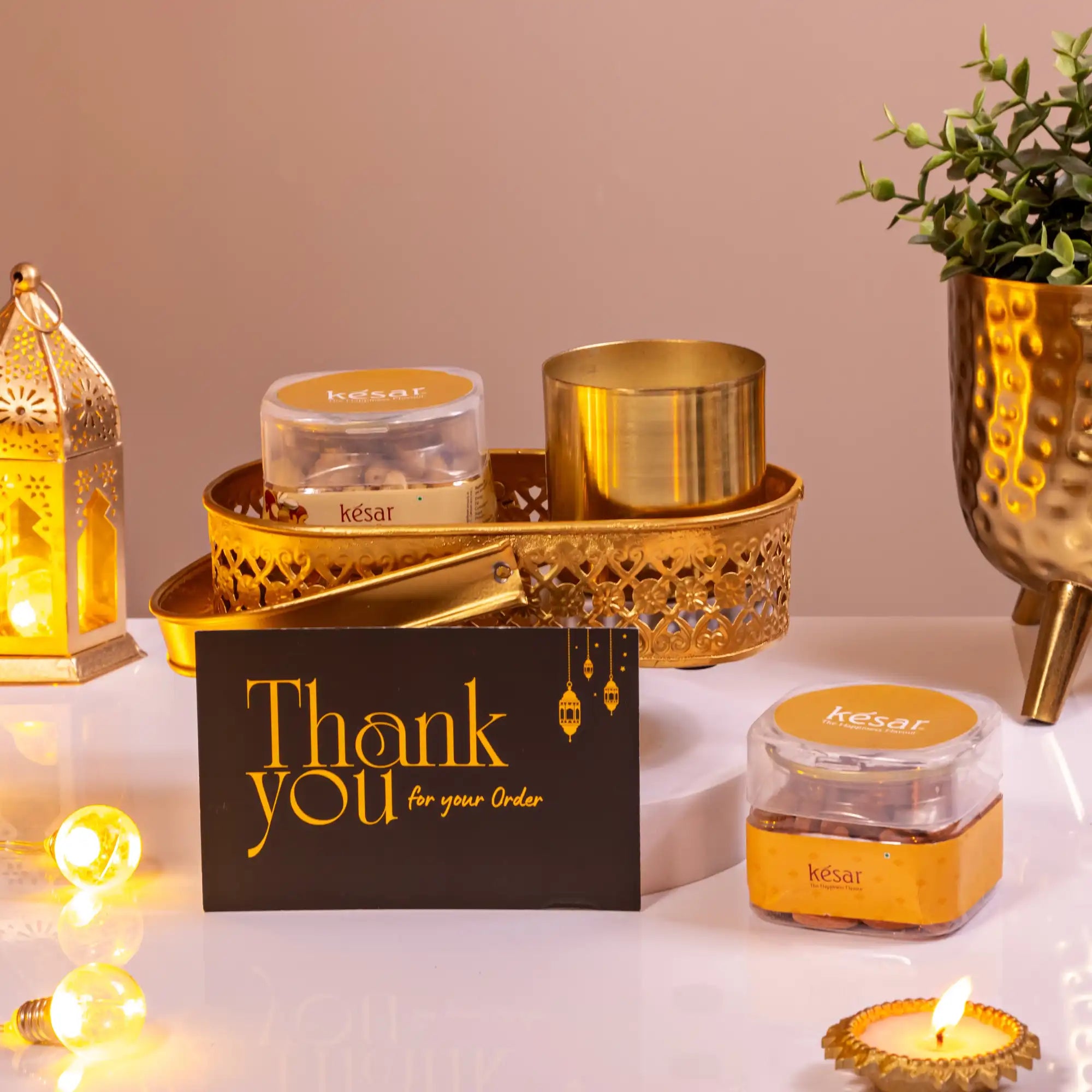 Noor Al-Midnight Delight Hamper - Islamic Gift Hamper with golden tray, gourmet dry fruits, candle, and thank you card for Ramadan gifting.