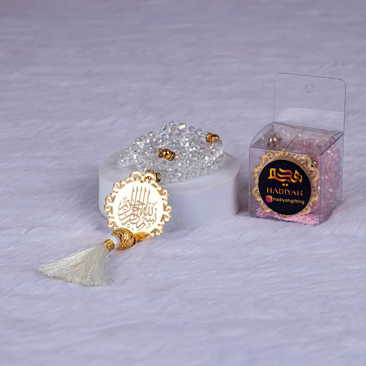 Crystal Tasbeeh with gold Islamic charm and packaging, part of the Bridal Gift Hamper - Sawab-e-Jariya for wedding gifts.