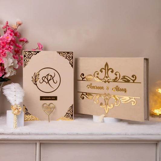Divine Elegance Nikah Nama Hamper in a beige velvet box with gold foil names and floral decor, ideal for wedding ceremony gifting.