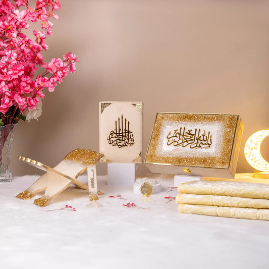 Amaanat-e-Nikaah - Bridal Hamper Gift Collection featuring a premium offwhite Quran gift set with crystal tasbeeh, rehal, and Islamic calligraphy box.
