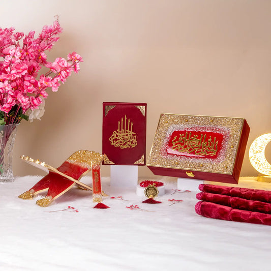 Amaanat-e-Nikaah maroon Sawab-e-Jariya bridal gift set with velvet Quran, tasbeeh, and Nikah essentials, ideal for weddings and Nikah ceremonies.