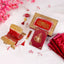 Flat lay of Barkat-e-Nikah maroon Sawab-e-Jariya gift set featuring Quran, Rehal, Tasbeeh, and ornate gift box for Islamic wedding blessings.