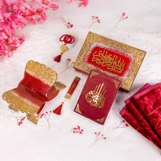 Maroon Sawab-E-Jariya Hamper featuring Quran, Tasbeeh, Janamaz, and glittered book stand. Ideal Islamic gift set for Eid, weddings, and ceremonies.