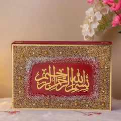 Red Customised Sequence Designer Resin Box with ornate Arabic script and glitter accents, perfect for gifting and religious ceremonies.
