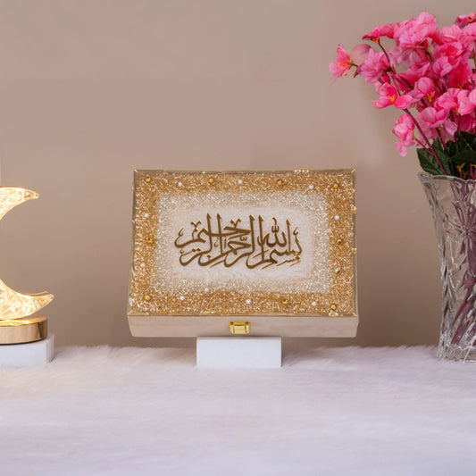 Handmade Designer Velvet Quran Box in beige with gold glitter and Bismillah calligraphy. Ideal Islamic gift for Ramadan and prayer essentials.