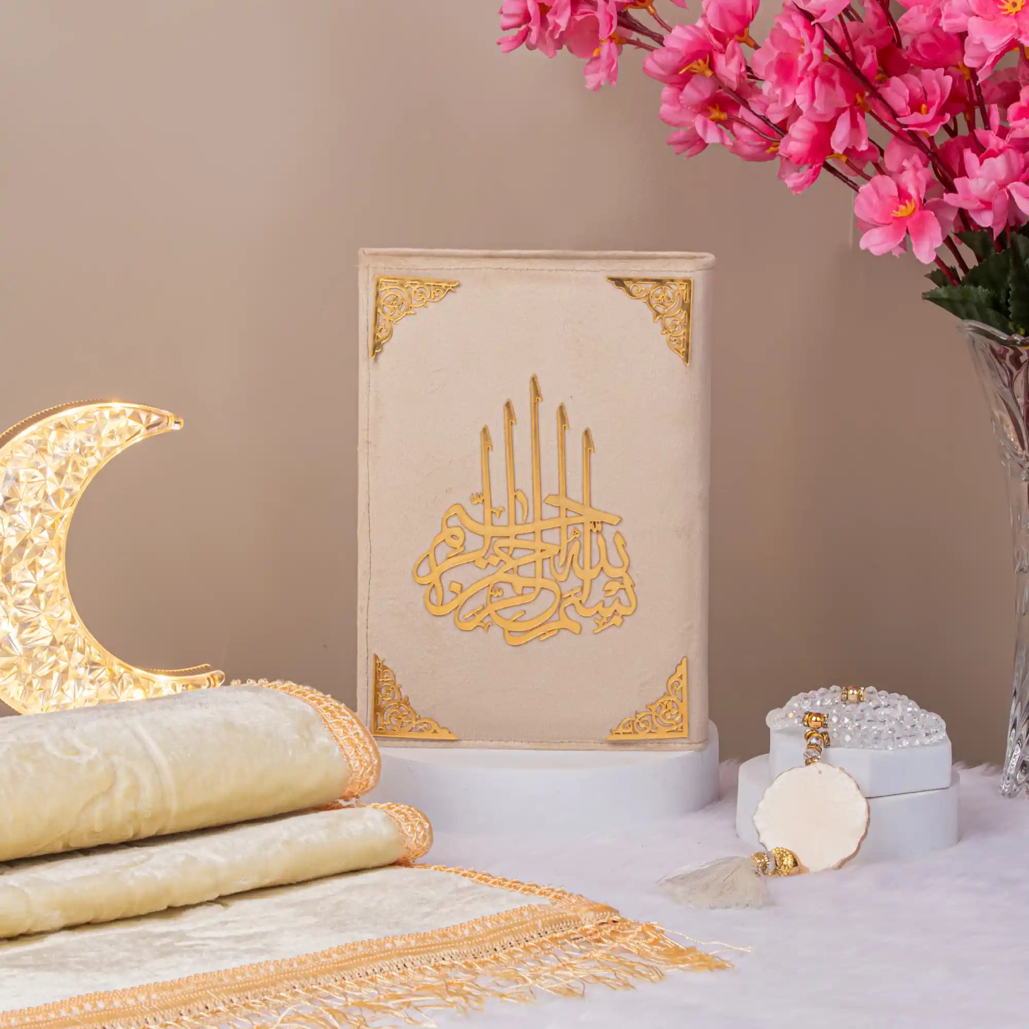Customised Salah Combo Hamper featuring premium Quran, prayer mat, and tasbeeh with floral decor. Elegant Islamic gift for men and women.